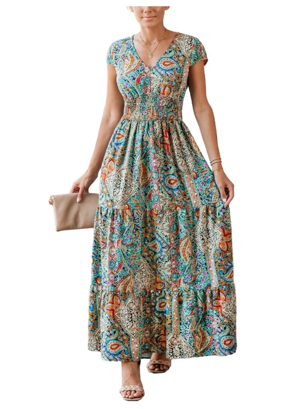 Printed Teal Paisley Maxi Dress with Smocked Waist